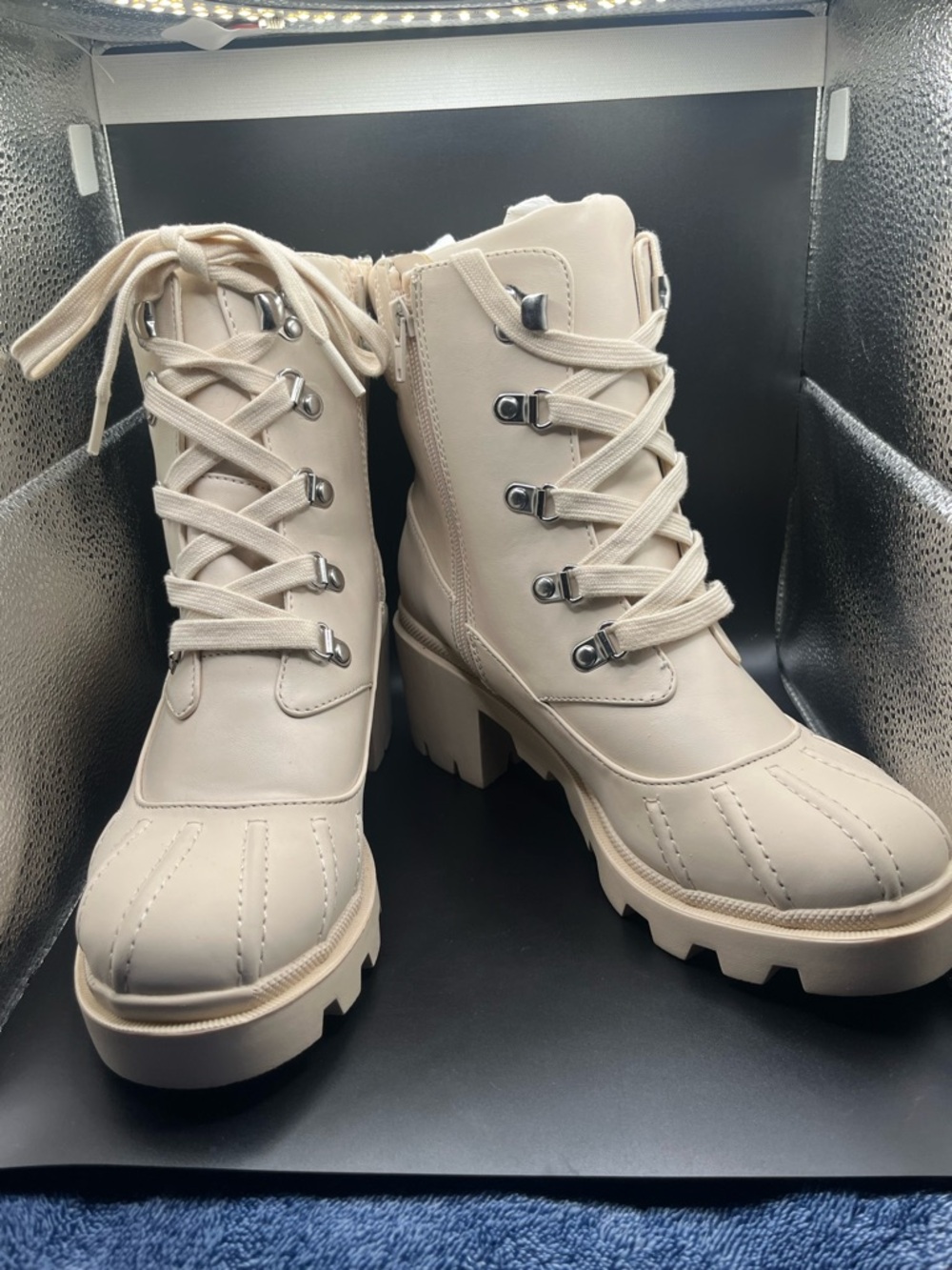 Madden Girl Bubbles Women’s Chunky Lace-Up Ankle Boots in Cream